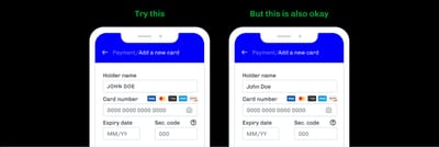Cardholder name field rendering the typed name in all caps with wider letter spacing